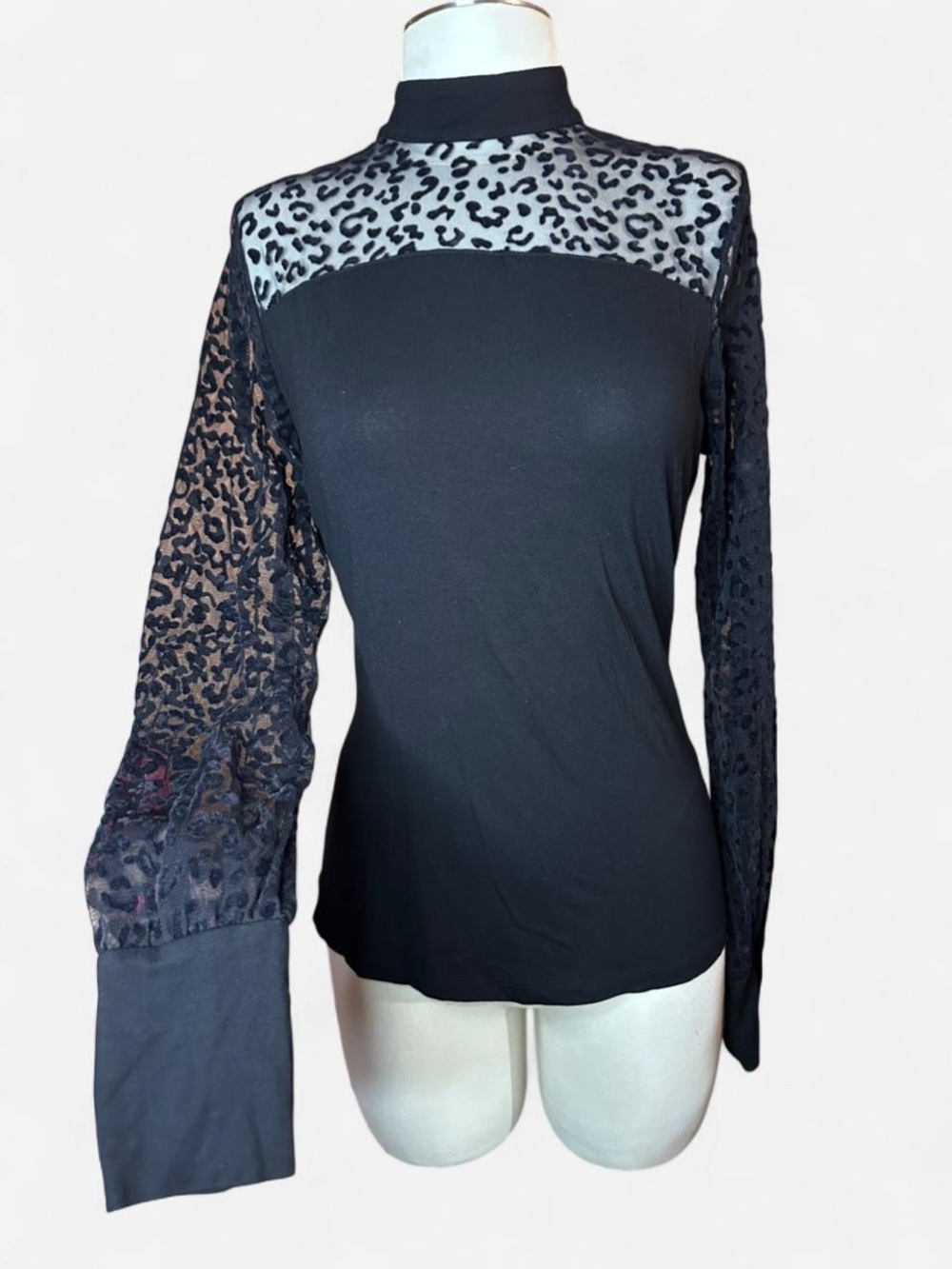 Black Sheer Leopard Panel Mock Neck Top